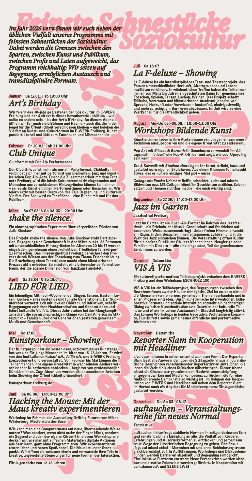 Veranstaltungsübersicht Erste Sahne Soziokultur