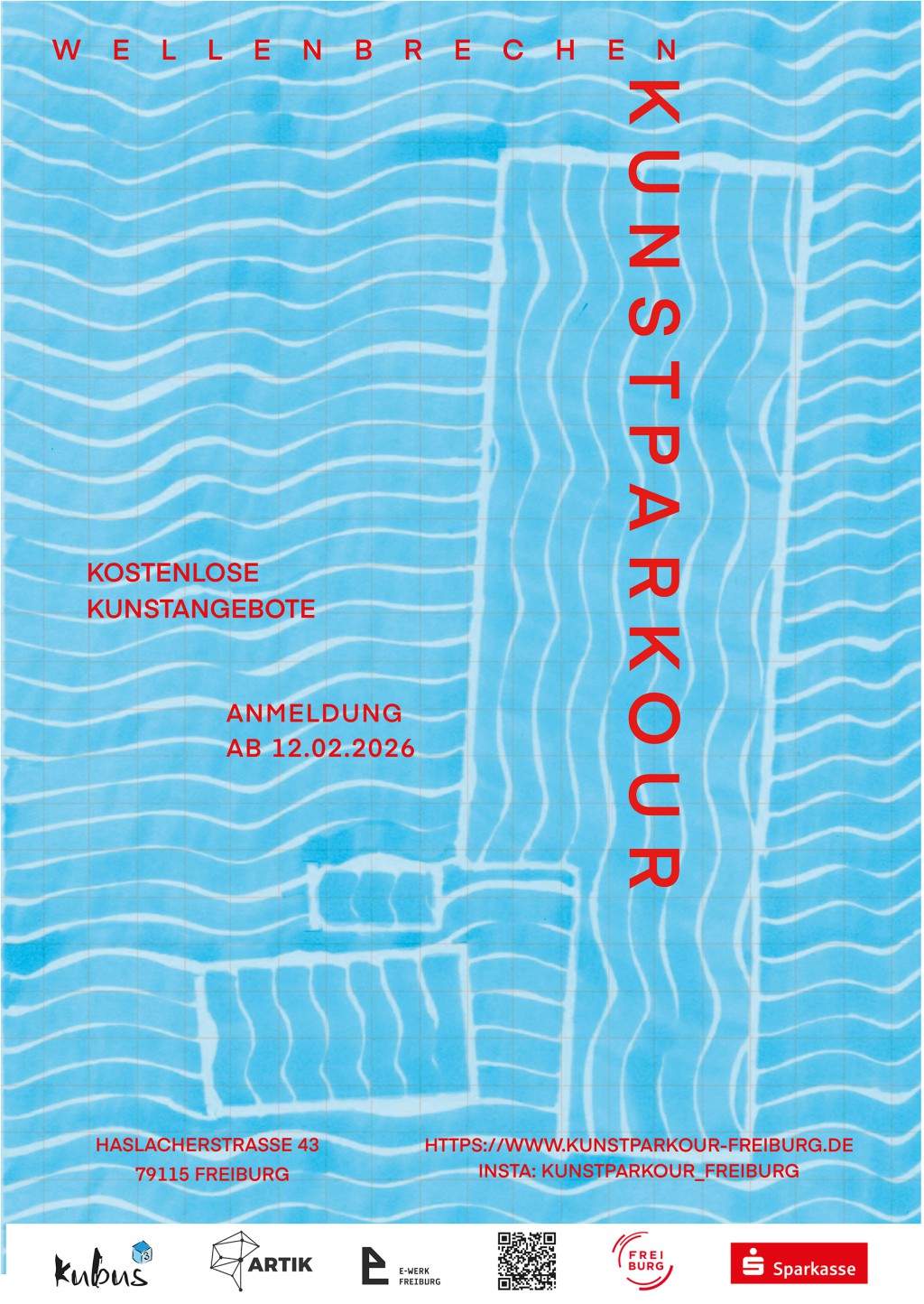 Plakat zum KunstParkour 2026 mit dem Motto "wellenbrechen"